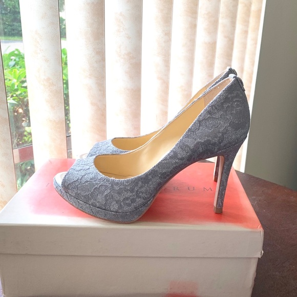 Ivanka Trump Shoes - Silver Lace Open Toe Pumps